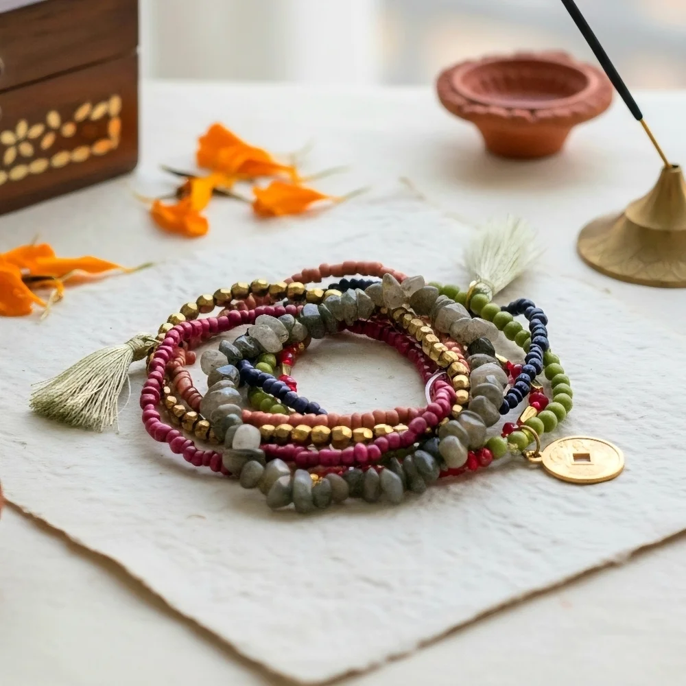 Artisanal Indian Boho Colorful Beaded Bracelet Set With Tassels & Gold Charm